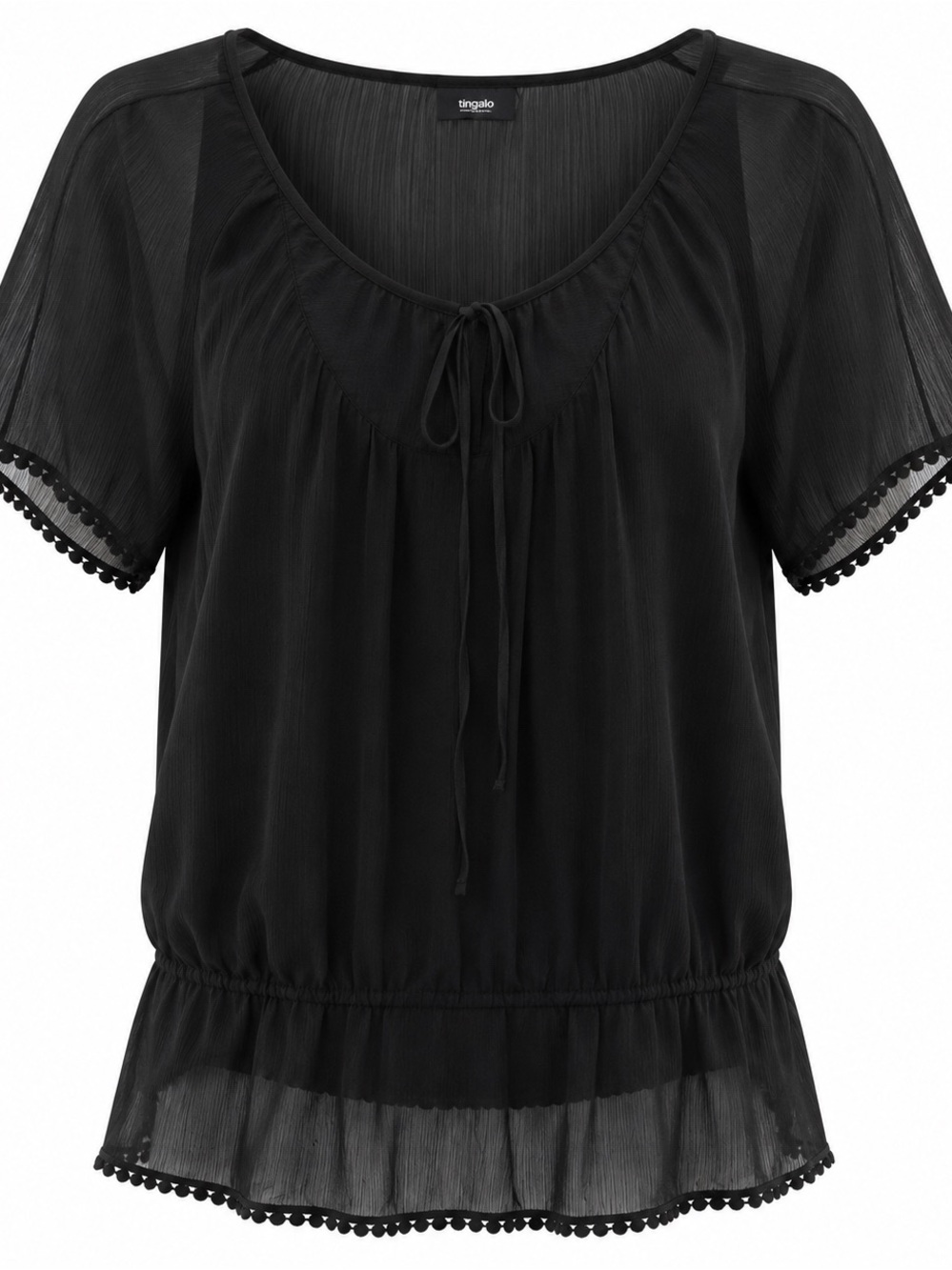 Black Sheer Blouse With Tie Neck & Pom Pom Trim - Womens L